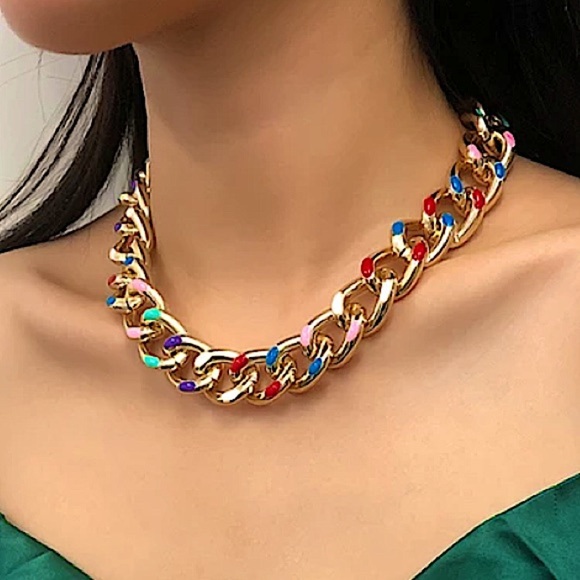 Color Block Gold Plated Chain Link Necklace - Picture 1 of 12